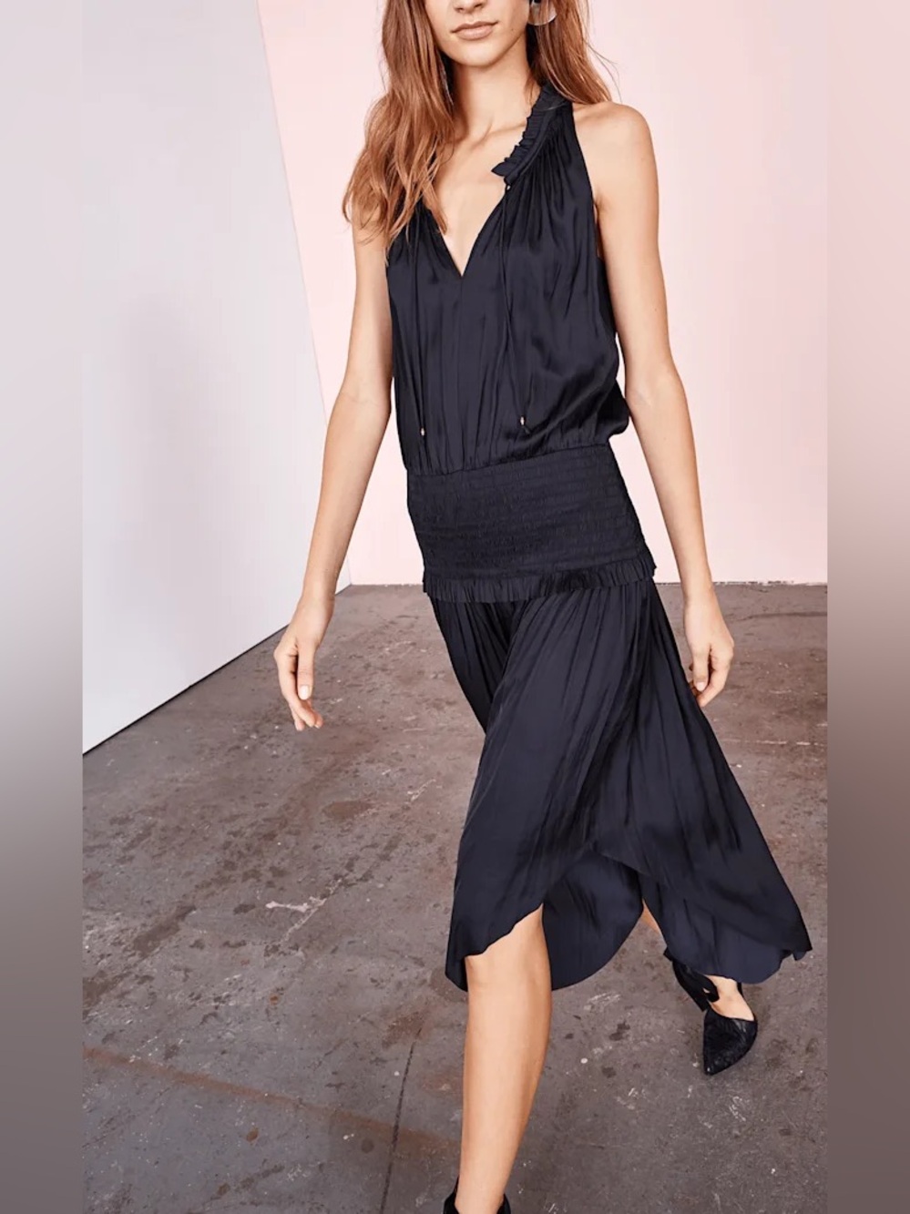 Ulla Johnson Cleo Midi Dress Navy Blue Size 4 Japanese Satin Smock Waist Ruffle